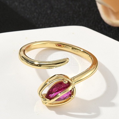 Flower Brass Micro Pave Cubic Zirconia Cuff Rings for Women RJEW-A069-05G-02-1