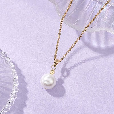 Shell Pearl White Round Pendant 304 Stainless Steel Cable Chain Necklaces for Women NJEW-JN05760-02-1