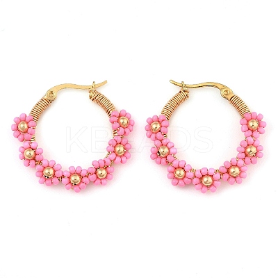 304 Stainless Steel & Bohemian Beaded Flower Hoop Earrings for Women EJEW-R001-02G-03-1
