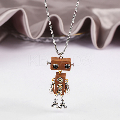 Alloy & Wood Robot Pendant Necklaces FS-WGB43E5-05-1