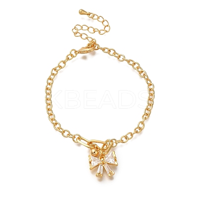 Bowknot Brass Micro Pave Clear Cubic Zirconia Card Paper Chain Bracelets for Women BJEW-L696-003G-1
