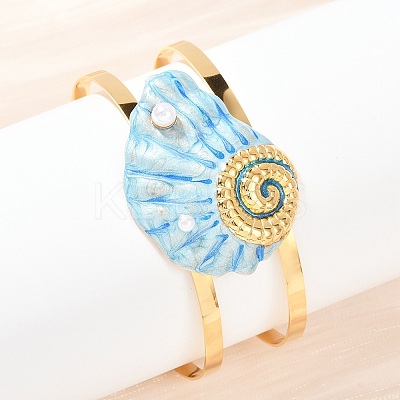 Shell Shape 304 Stainless Steel Enamel Cuff Bangles for Women BJEW-A049-04A-G-1
