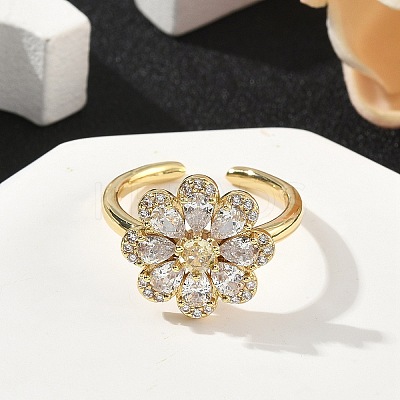 Flower Brass Micro Pave Cubic Zirconia Cuff Rings for Women RJEW-A069-01B-G-1