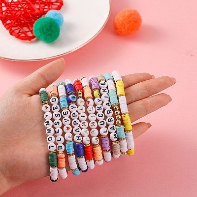 10Pcs 10 Style Encourage Word Polymer Clay Heishi Surfer Stretch Bracelets Set with Heart BJEW-SW00041-1