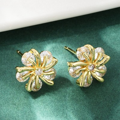 Flower Brass Micro Pave Clear Cubic Zirconia Stud Earrings EJEW-U064-03B-G-1