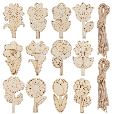 1Set Flower Unfinished Blank Wooden Pendants Set for Painting Arts HJEW-SC0002-71-1