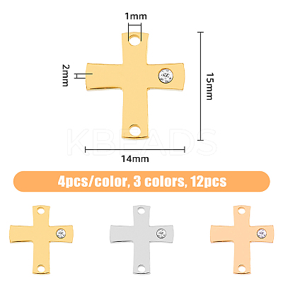 12Pcs 3 Colors 316 Surgical Stainless Steel Pave Clear Cubic Zirconia Connector Charms STAS-DC0014-60-1