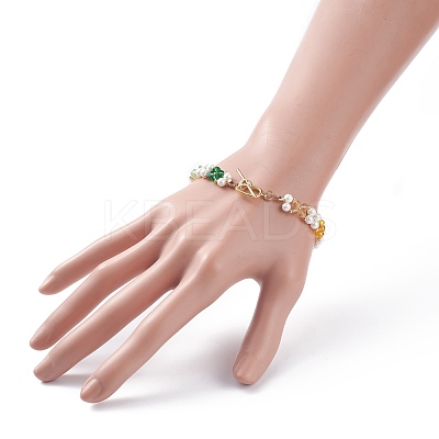 Shell Pearl & Glass Braided Flower Beaded Bracelet BJEW-TA00087-1