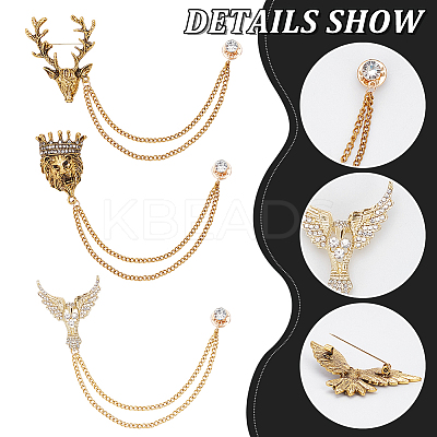 6Pcs 6 Style Lion & Eagle & Deer Rhinestone Safety Pin Brooches JEWB-WR0001-01-1