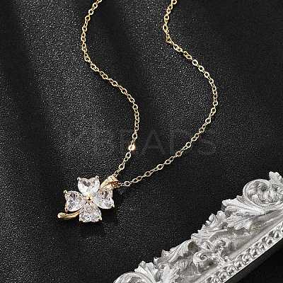 Brass Micro Pave Cubic Zirconia Four Leaf Clover Pendant Neckalces for Women NJEW-S448-02G-1