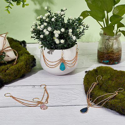 3Pcs Natural Rose Quartz Lapis Lazuli & Synthetic Turquoise Teardrop Charm Chain for Planters Decoration HJEW-OC00099-1