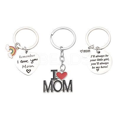 1Pc Mother's Day Gift 201 Stainless Steel Flat Round/Rhombus/Rectangle with Word Keychains KEYC-FS0001-10-1