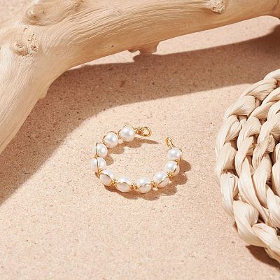 Shell Pearl Braided Open Cuff Ring RJEW-TA00031-1