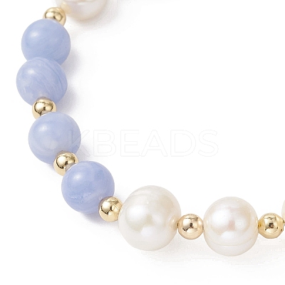 Natural Dyed Blue Lace Agate Beads & Cultured Freshwater Pearl Round Beaded Bracelets for Women BJEW-JB12708-1