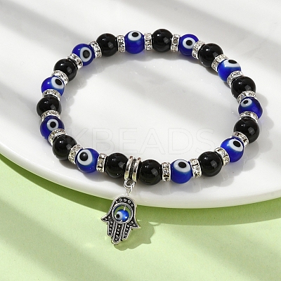 Natural Black Onyx & Rhinestone & Evil Eye Beaded Stretch Bracelets BJEW-TA00448-1