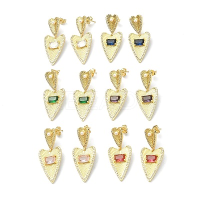 Heart Clear Cubic Zirconia Dangle Stud Earrings EJEW-F311-03G-1