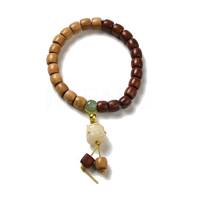 Two Tone Sandalwood Beaded Stretch Bracelet with Resin Cat Charm for Women BJEW-B080-14-1