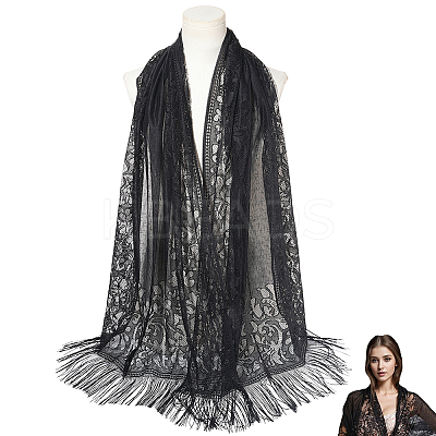 Polyester Lace Tassels Gauze Scarf for Women AJEW-WH20077-040B-1