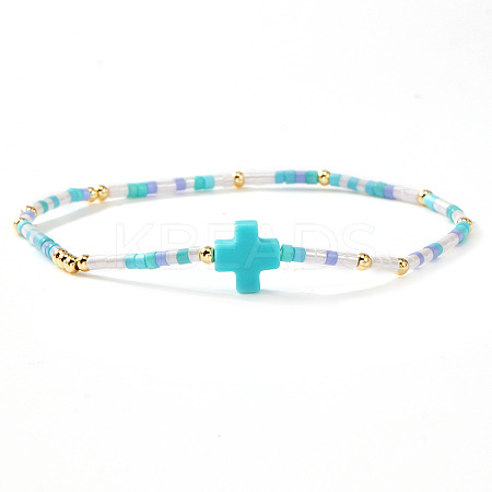 Bohemian Cross Charm Glass Seed Bead & Brass Beads Stretch Bracelet for Women SA4132-8-1