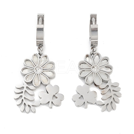 Left and Right Clover & Flower 304 Stainless Steel Shell Dangle Earrings EJEW-L283-068P-1
