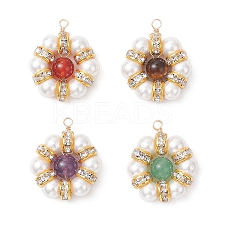 4Pcs 4 Styles Natural Green Aventurine & Tiger Eye & Carnelian & Amethyst & Shell Pearl Round Beaded Flower Pendants PALLOY-TA00300-01-1