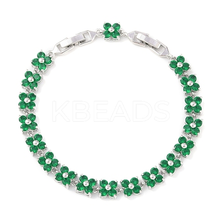 Noble Gift Ideas for Lady Platinum Tone Brass Micro Pave Cubic Zirconia CZ Flower Link Chain Bracelets BJEW-L472-09-1-1