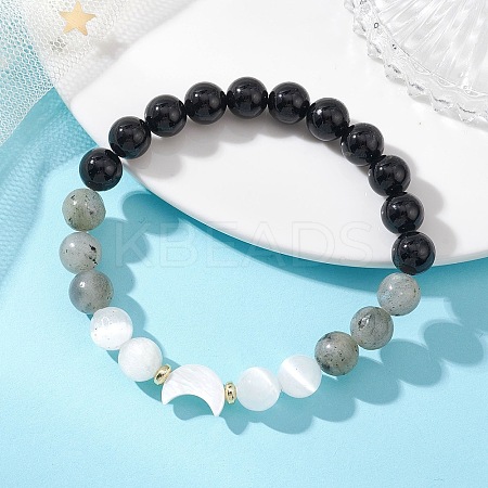 Natural Selenite & Labradorite & Black Tourmaline & Shell Beaded Stretch Bracelets for Women X-BJEW-JB13084-1