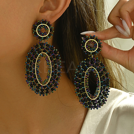 201 Stainless Steel Bohemian Oval Vintage Long Stud Earrings HB4853-2-1