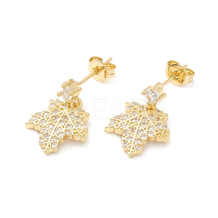 Clear Cubic Zirconia Maple Leaf Dangle Stud Earrings EJEW-P196-11G-1