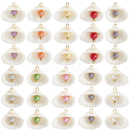 30Pcs Natural Shell & Imitation Pearl Pendants PALLOY-SC0004-42-1