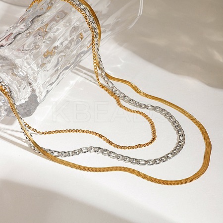 304 Stainless Steel Flat Snake Chain Figaro Chain Twisted Chain 3 Layer Necklaces for Women NJEW-K288-04GP-1