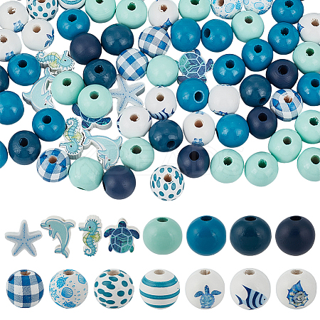 318Pcs Ocean Theme Spray Painted Wood Beads Sets WOOD-GO0001-21-1