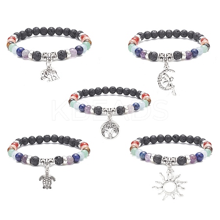 Natural Mixed Gemstone Round Beaded Stretch Bracelets with Alloy Charms BJEW-JB09403-1