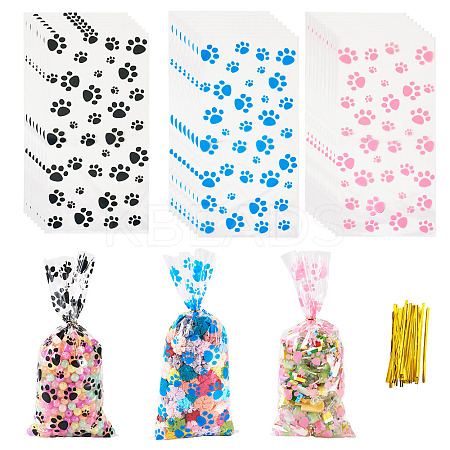 60Pcs 3 Colors Rectangle OPP Cellophane Paw Print Printed Candy Storage Bags ABAG-TA0001-74-1