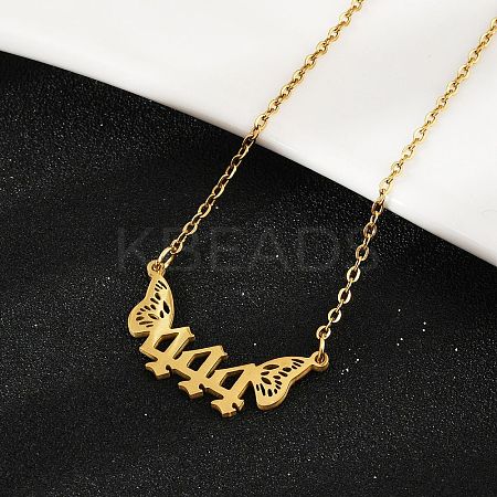 201 Stainless Steel Number 444 with Butterfly Wings Pendant Necklaces LS-NJEW-P332-01B-G-1