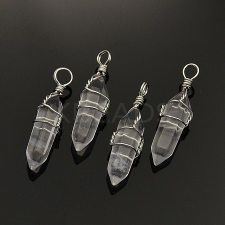Faceted Bullet Platinum Plated Brass Quartz Crystal Double Terminated Pointed Pendants G-J265-15-1