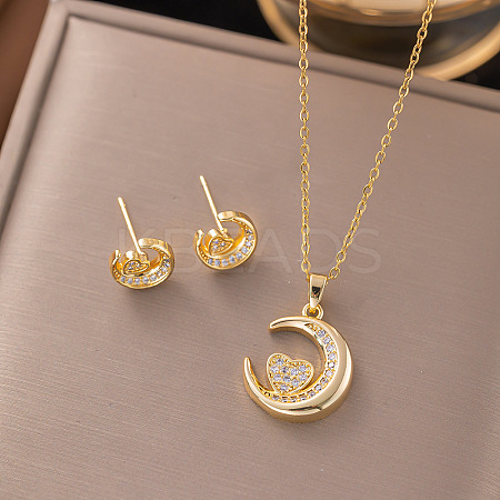 Brass Micro Pave Clear Cubic Zirconia Stud Earrings & Pendant Necklaces Sets FS-WG8C3C9-02-1