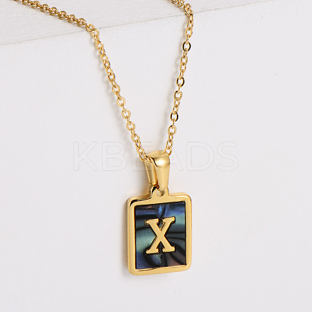 304 Stainless Steel Pave Natural Paua Shell Rectangle Initial Pendant Necklaces for Women FS-WG38E89-24-1