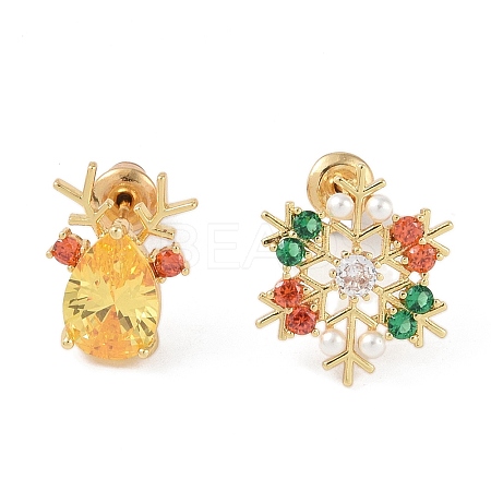 Christmas Snowflake & Deer Brass Pave Colorful Cubic Zirconia & Plastic Pearl Asymmetrical Stud Earrings for Women EJEW-M257-02G-1