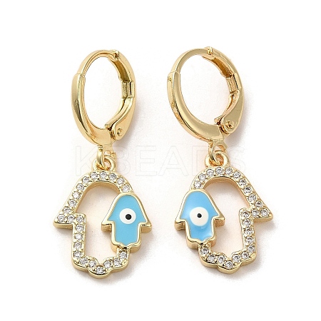 Hamsa Hand with Evil Eye Real 18K Gold Plated Brass Dangle Leverback Earrings EJEW-Q797-22G-02-1
