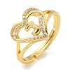 Heart with Letter Rack Plating Brass Micro Pave Clear Cubic Zirconia Adjustable Rings for Women RJEW-I105-01G-J-1