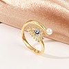Evil Eye Brass Micro Pave Clear Cubic Zirconia Open Cuff Rings for Women. with ABS Plastic Imitation Pearl and Enamel RJEW-G343-20G-1