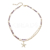 Natural Amethyst Heishi Beads and Rice Natural Pearl Beaded Double Layer 304 Stainless Steel Starfish Pendant Necklaces NJEW-JN05847-02-4