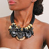 Flower Butterfly Ring Acrylic & Wood Pendant 2-Strand Cotton Cord Bib Necklaces for Women FS-WG99BBE-05-2