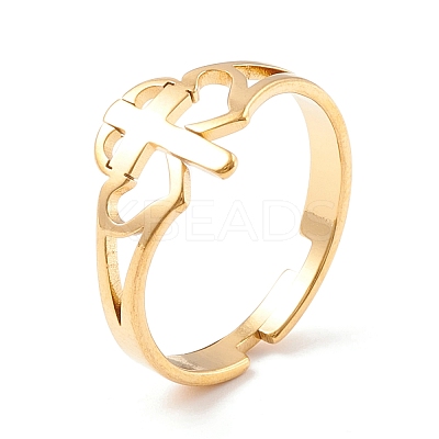 Double Heart with Cross 304 Stainless Steel Adjustable Ring for Women RJEW-B035-06G-1