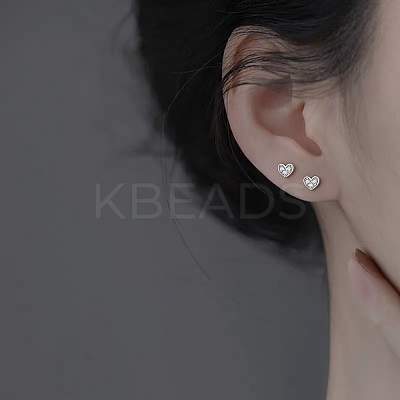 925 Sterling Silver Clear Cubic Zirconia Heart Stud Earrings EJEW-Q030-02P-1