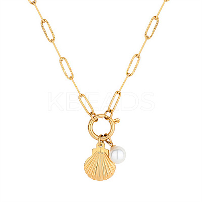 304 Stainless Steel Shell & Imitation Pearl Pendant Necklaces LS-HT9511-3-1