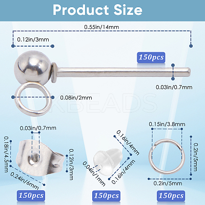 150Pcs 202 Stainless Steel Ball Stud Earring Findings STAS-SP0001-52A-P-1