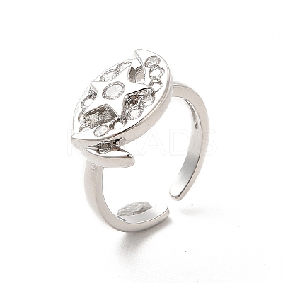 Clear Cubic Zirconia Moon & Star Open Cuff Ring RJEW-C055-03P-1
