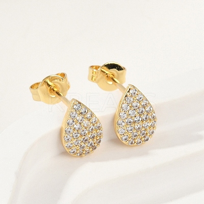 Teardrop Brass Micro Pave Clear Cubic Zirconia Stud Earrings EJEW-Z091-01G-1